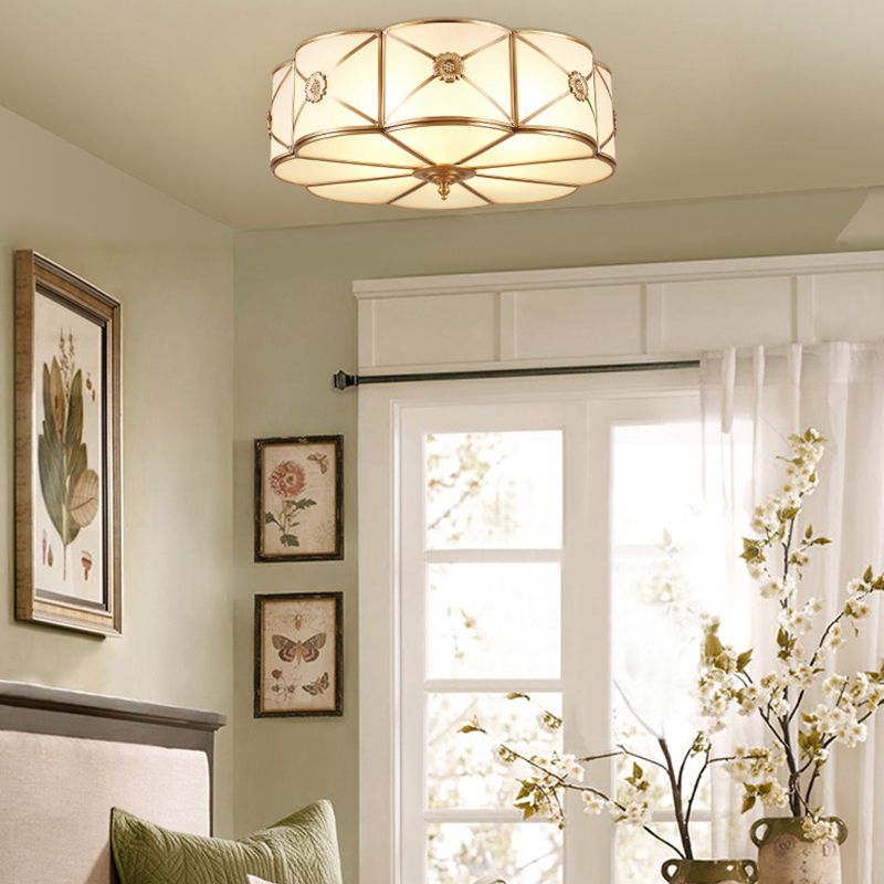 White Frosted Glass Drum Ceiling Light Traditional Rustic Style Brass Lighting Fixture for Bedroom Living Room