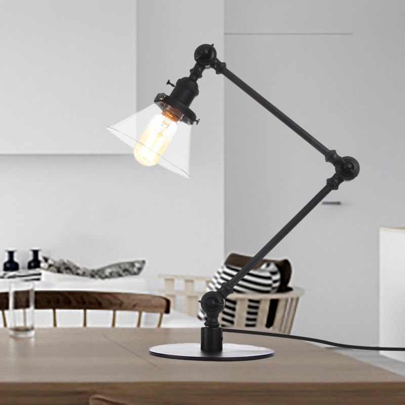 Table conique de style industriel clair Ambre / verre transparent et métal 1 lampe de table de chambre à coucher légère avec bras réglable en noir / laiton