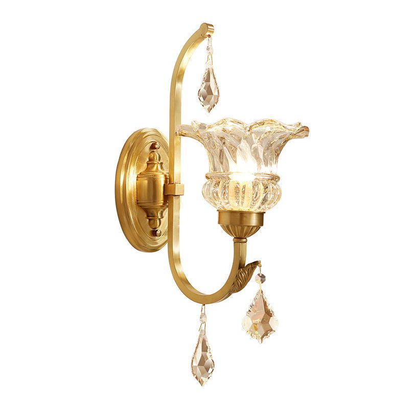 Ruffle Glass Gold Wall Light Floral Antique Wall Lighting Fixture with Crystal Draping