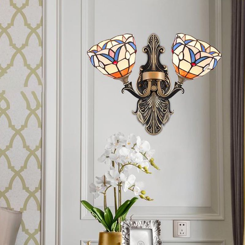 2 Lights Wall Mounted Light Mediterranean Dome/Flower Stained Art Glass Sconce in Red/Pink/Orange for Bedroom