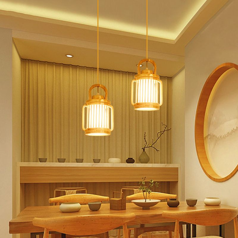 Nordic 2 Heads Hanging Lamp Beige Water Jug Multi Light Pendant Lighting with Wood Shade