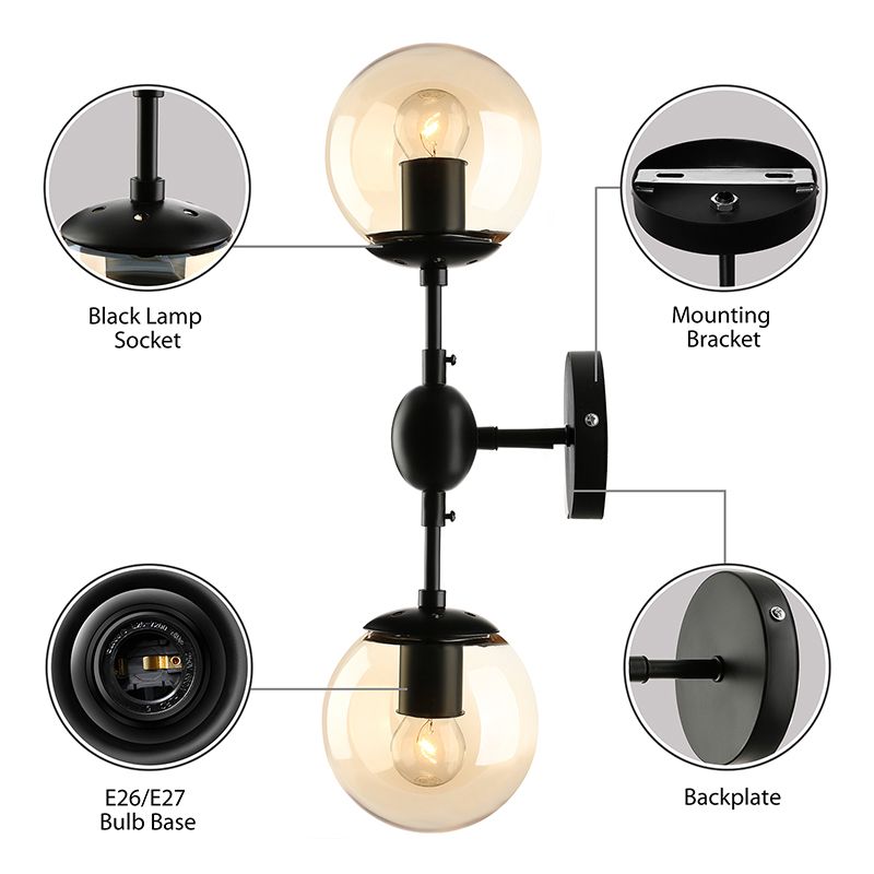 Aparte negro de 2 luces Ligero industrial Amber Glibe Globe Shade Fixture para sala de estar