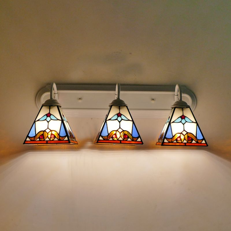 3 Head Wall Light Fixture Tiffany Pyramid Stained Glass Sconce Lighting in White