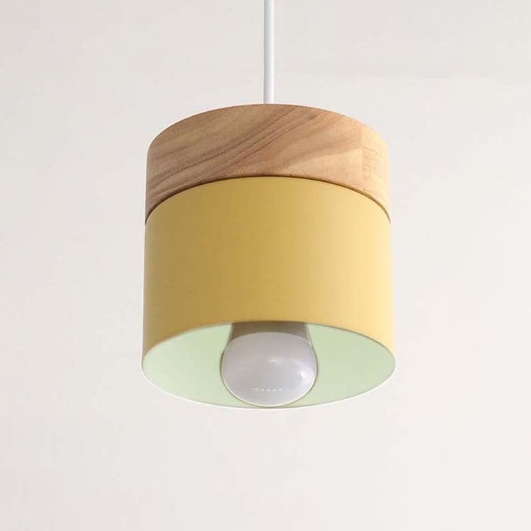 Wooden Cylindrical Hanging Lamp in Modern Creative Style Lacquered Iron Macaron Pendant Light