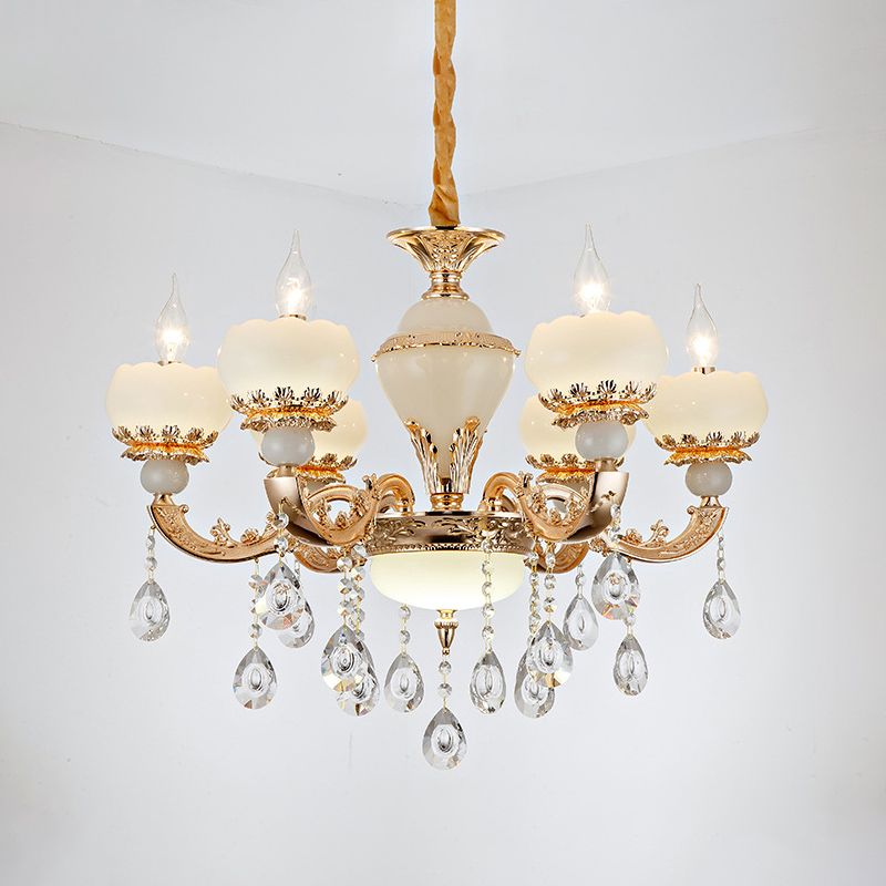 Jade Gold Chandelier Lamp Candle 6 Heads Bedroom Ceiling Light with Crystal Draping
