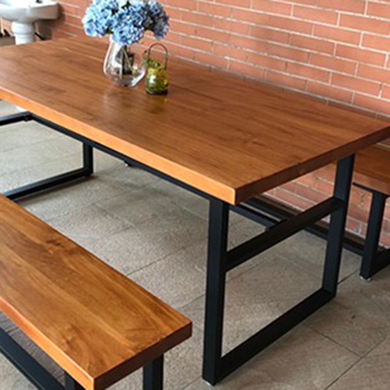 Industrial Dining Table Brown Solid Wood Dining Table with Trestle Base