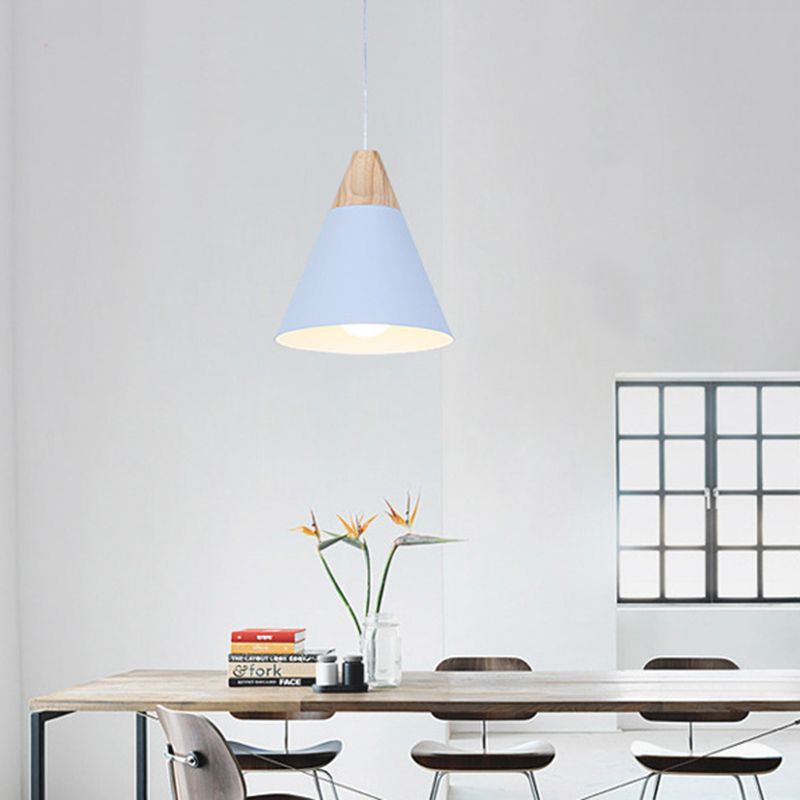 Nordic Simple Style Pendant Light, Macaron Color Conical Shade Hanging Light with Wooden Top