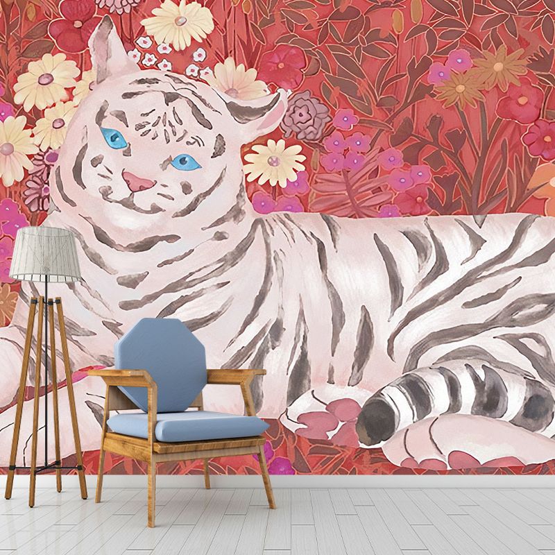 Big Illustration Contemporary Wall Covering for Living Room with Cute Tiger and Floral Design in Pink