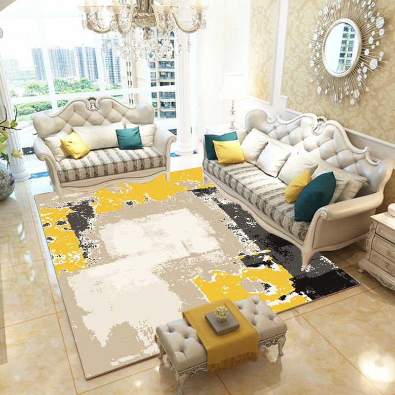 Unique Abstract Rug Yellow and Black Contemporary Rug Polyester Machine Washable Non-Slip Carpet for Living Room