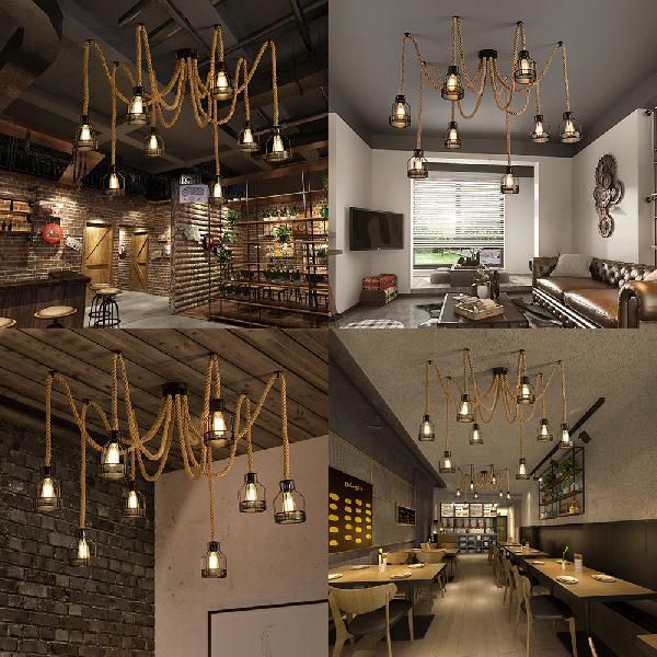 Black Swag Ceiling Fixture with Wire Cage Shade Antique Iron and Hemp Rope 8 Bulbs Restaurant Hanging Light