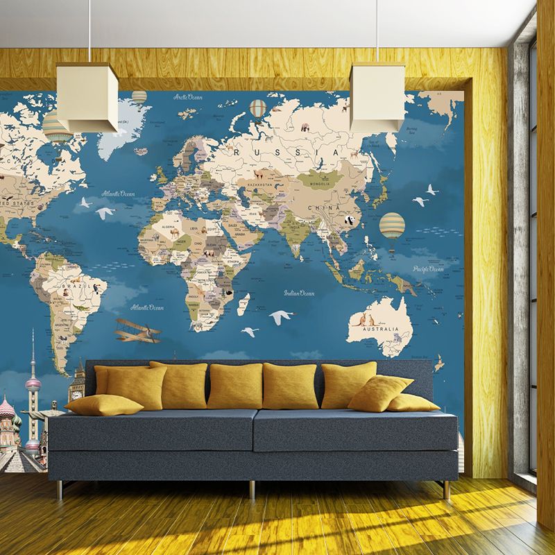 Non-Woven Washable Murals Modern World Map and Historical Relics Wall Covering in Blue-Brown