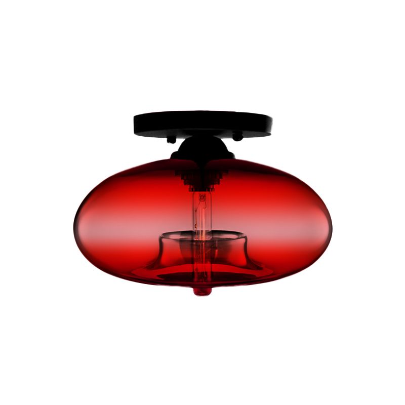 1 Light Ceiling Light Fixture with Oval Shade Red / Brown / Blue Glass Industrial Living Room Semi Flush in Black