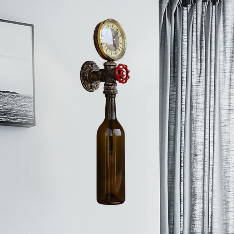 Brown/Blue Bottle Wall Sconce Lamp Vintage Stylish Glass 1 Bulb Living Room Wall Lighting with Gauge and Valve