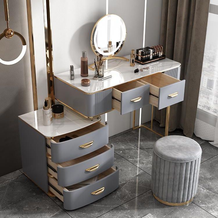 Solid Wood Drawers Vanity Set with Stone Top & Padded Stool in Grey