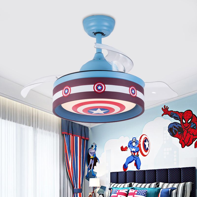 Roze/blauw ronde 3 bladen semi -flush light kids led metallic hangende plafondventilator lamp met heldenschildpatroon, 36 "breed