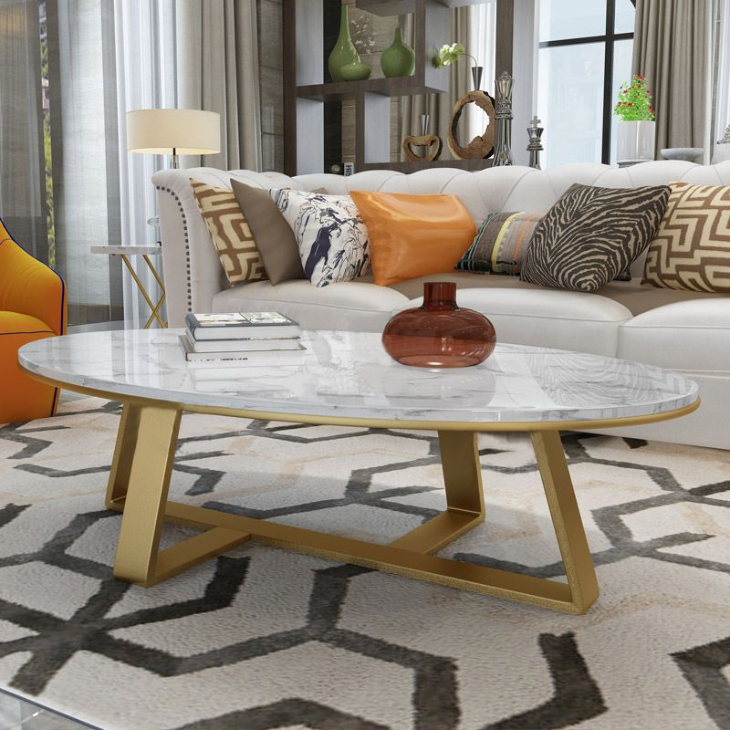 Oval Marble Top Coffee Table with Iron Cross Base Cocktail Table in White
