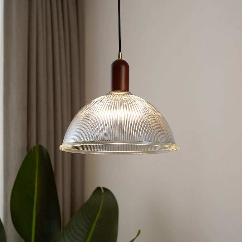 1 Light Bowl Hanging Light Fixtures Vintage Ribbed Glass Ceiling Light for Restaurant