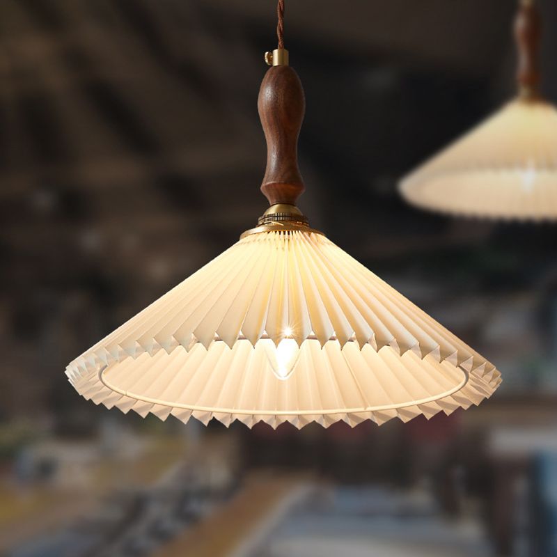 Pleated Fabric Conical Pendant Lamp Minimalist 1-Light Beige Hanging Light for Dining Room