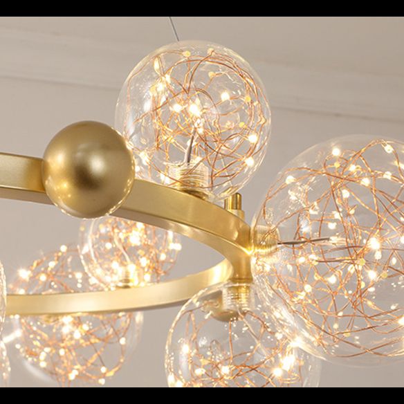 Transparant glas bol LED -licht snaren kroonluchter ronde metalen lamp body moderne stijl eenvoud verlichtingsarmatuur