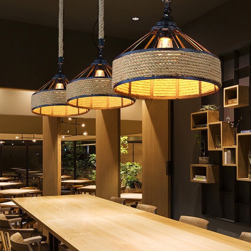 1 Éclairage de suspension de tête Farmhouse Corde Barn Shade Metal Drop Lampe en noir pour salle à manger