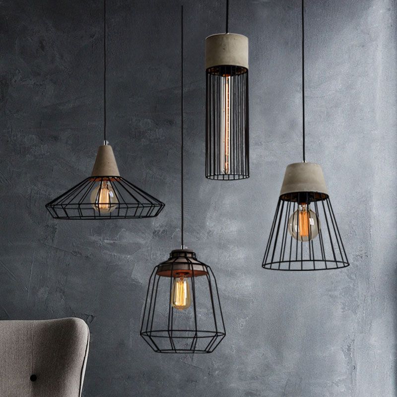 1-Light Pendant Light Fixture Industrial Cone/Cylinder/Triangle Iron Hanging Lamp in Black with Cement Socket