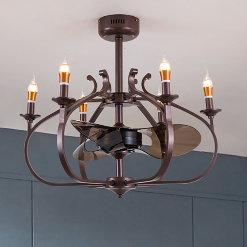 Coffee Caged Chandelier Pendant Light Vintage Style 6 Lights Metal Ceiling Lamp with Candle Design for Dining Room