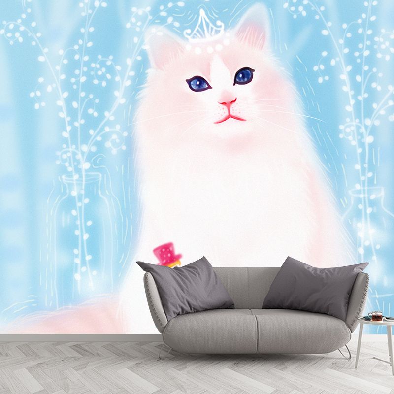 Giant Cat Mural Wallpaper in White on Blue Non-Woven Wall Decor, Stain Proof, Custom Size