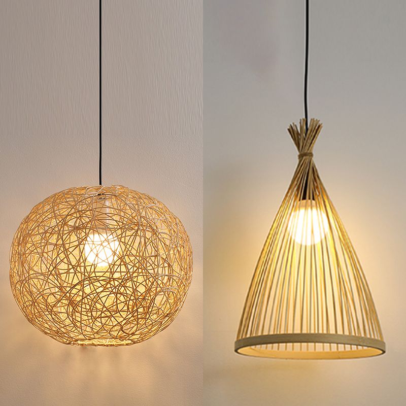 1 Leichte moderne kugelförmige Bambus -Anhänger Leichte ländliche hängende Lampe für das Wohnzimmer