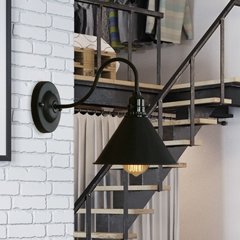 Kegelschlafzimmerwandbeleuchtung mit Schwanenhals Arm Bauernhaus Metall 1 hellschwarz/weiße Wandleuchte Lampe