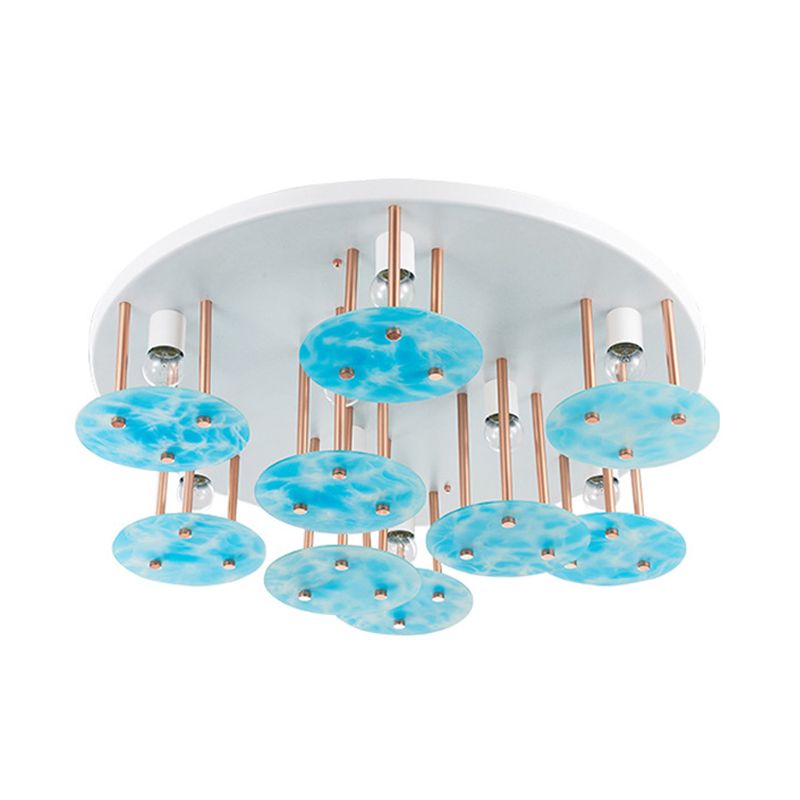 Flake Gradient Blue Glass Semi Flush Kids 9-Head White and Gold Ceiling Mount Light Fixture