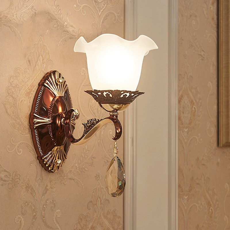 1/2 Lights Scalloped Sconce Modern White Glass Wall Mounted Light Fixture with Crystal Stand