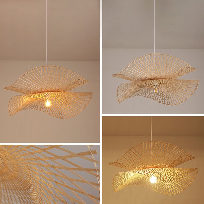 Shaded Pendant Lighting Fixture Asia-Style Bamboo Beige Suspension Pendant Light