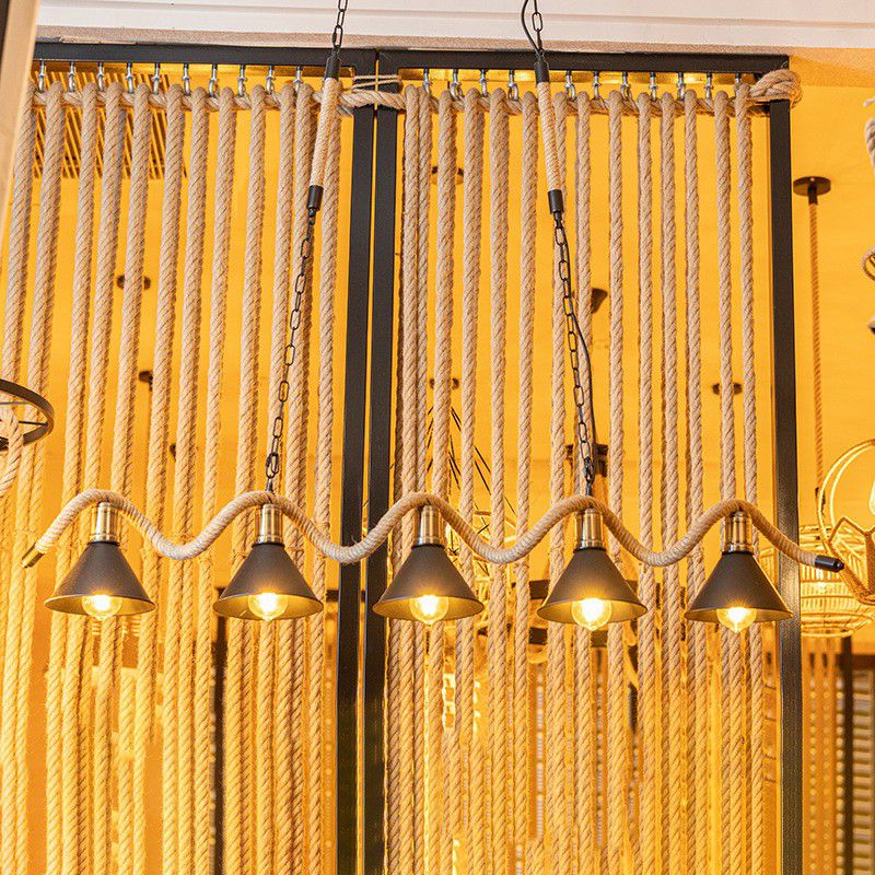 Black 5 Lights Island Pendant Warehouse Culla corda lampada a soffitto ondulata con tonalità in metallo conico