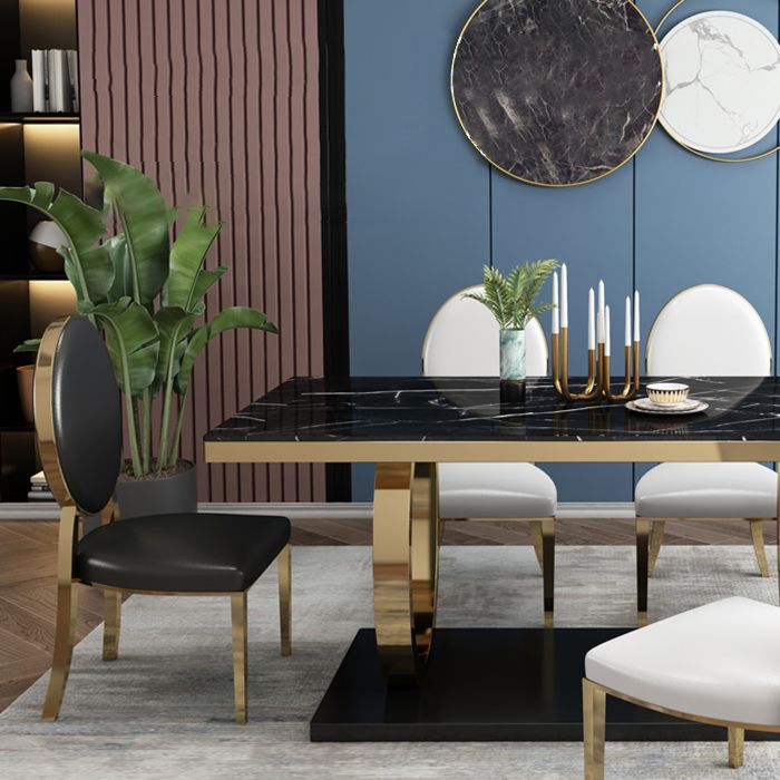 Traditional Luxury Marble Dining Table Rectangle Table with Metal Pedestal