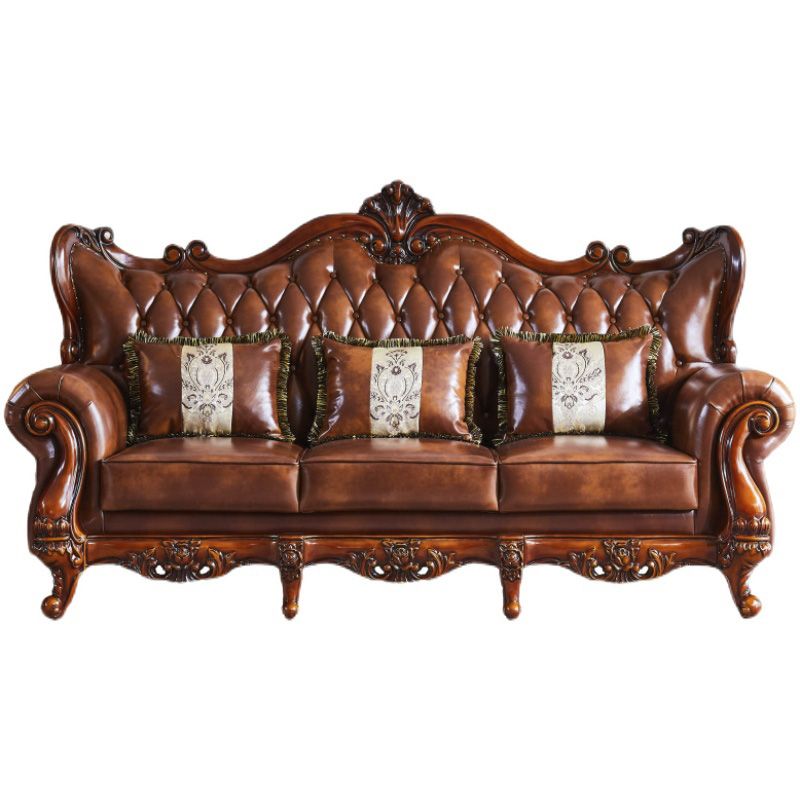 Traditional Tufted Split-Back Seating Flared Arm Sofa with Pillows in Brown