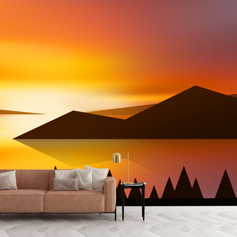 Sunset Mountain Landscape Mural Wallpaper Modern Non-Woven Wall Covering in Yellow-Black