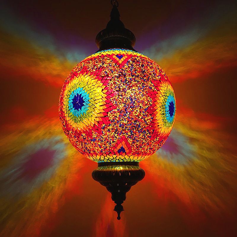 Cut Glass Globe Suspension Lighting Traditional 1 Light Dining Room Pendant Lamp in Red/Yellow/Blue