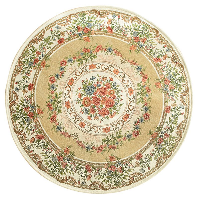 Round Classic Rug Antique Floral Design Area Rug Polyester Anti-Slip Backing Carpet for Home Decor