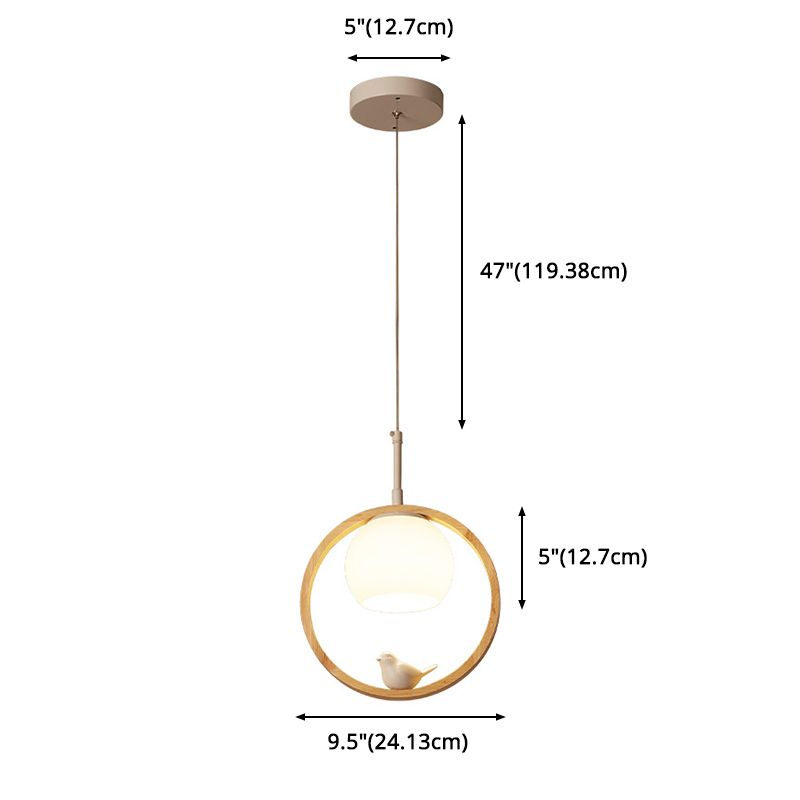 1 Luz de colgante ligero Lámpara de colgante de madera natural redonda contemporánea con pájaro pequeño