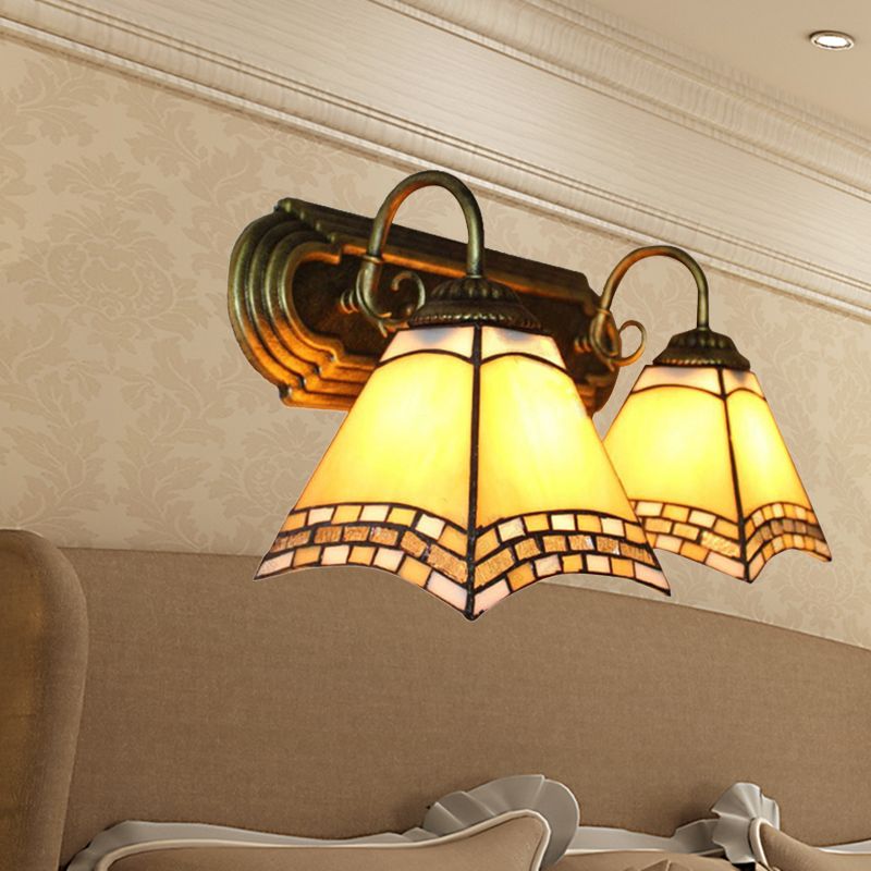 Tiffany Loft Pyramid Wall Light Stained Glass 2 Heads Wall Mount Light in Amber for Bedroom