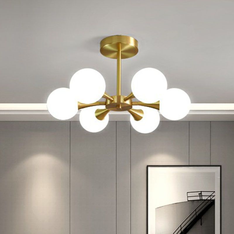 Brass Finish Radial Flush Chandelier Postmodern Ball Glass Semi Flush Mount Ceiling Light
