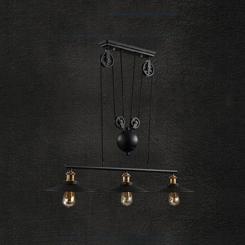 Black 3-Light Pulley Island Pendant Light in Industrial Retro Style Wrought Iron Hanging Lamp for Dining Room