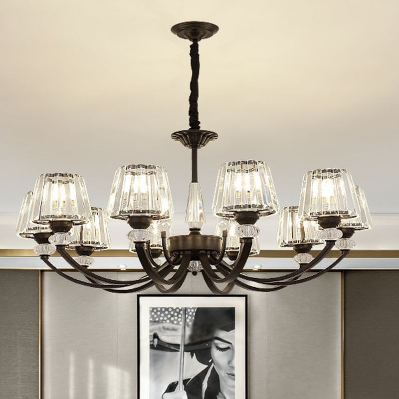 Conical Hanging Chandelier Minimalist Crystal Black Suspension Light with Arched Arm