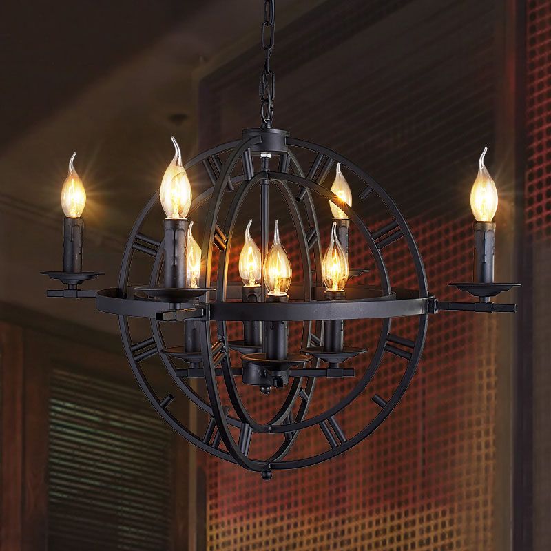 Éclairage de lustre de la cage du globe industriel Aménagement de plafond en fer 6-Bulb en bronze / noir avec conception de bougies