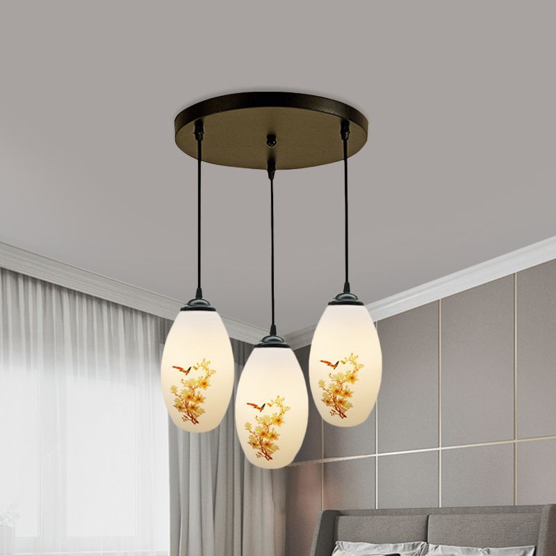 3 Bulbs Multiple Hanging Light Modern Oblong Frosted White Glass Linear/Round Canopy Pendulum Lamp with Flower Pattern