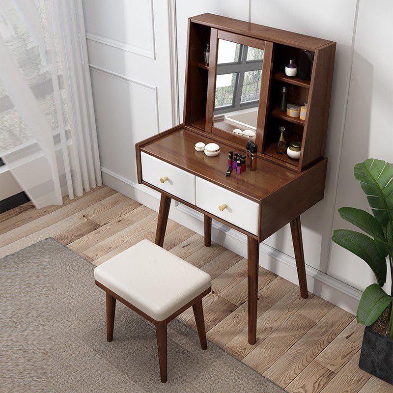 Wood Vanity and Stool 2 Drawers Mirrored Dressing Table for Bedroom