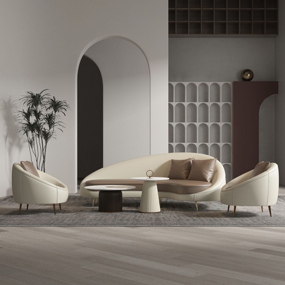 Faux Leather Curved Sofa Contemporary Sloped Arm Sofa for Living Room