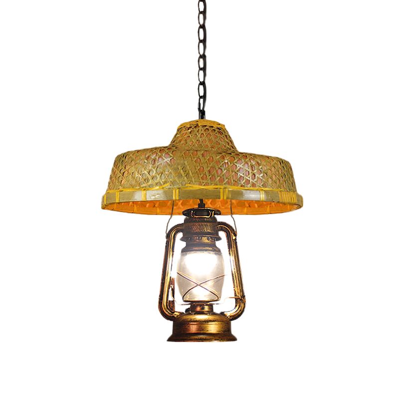 South-East Asienhut geformte hängende Lampe Rattan 15 "/16,5" W 1-Kopf-Innenpendellicht mit Laternschatten in Beige