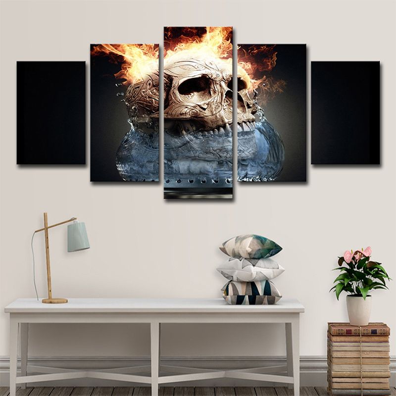 Grey Flames and Skull Canvas Print Multi-Piece Wall Art Decor for House Interior