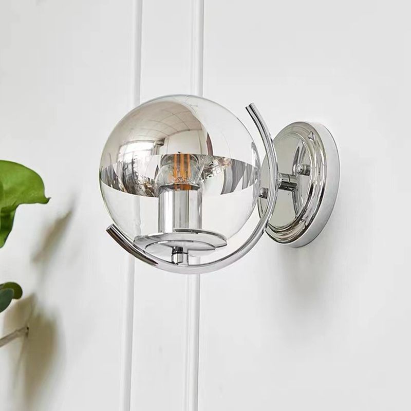 1-Light Modern Wall Lamp Silver Wall Mount Lamp with Glass Shade for Bedroom